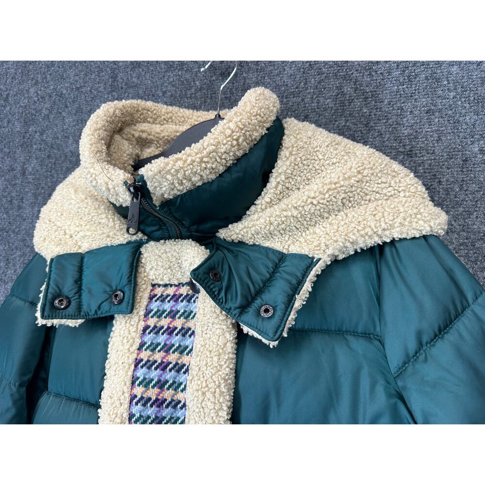 Sam Edelman Puffer Coat Womens L Teal Houndstooth Sherpa Hood Long Winter - Picture 3 of 13